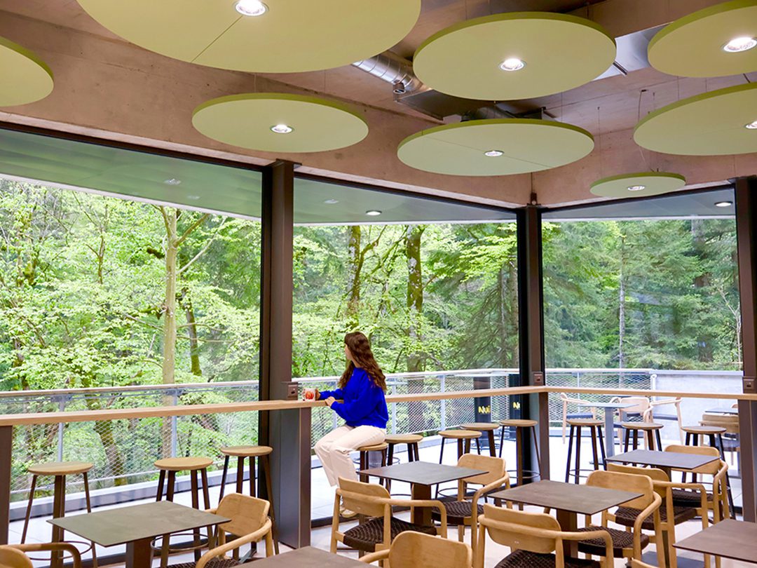 Vue sur la forêt depuis les grandes baies vitrées de la buvette des grottes de Vallorbe avec une femme prenant un café