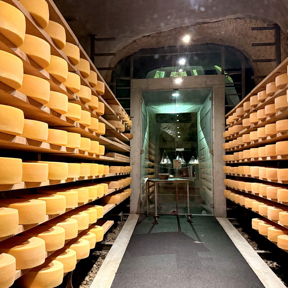 Cave d'affinage montrant plusieurs meules du fromage Vallgrotte
