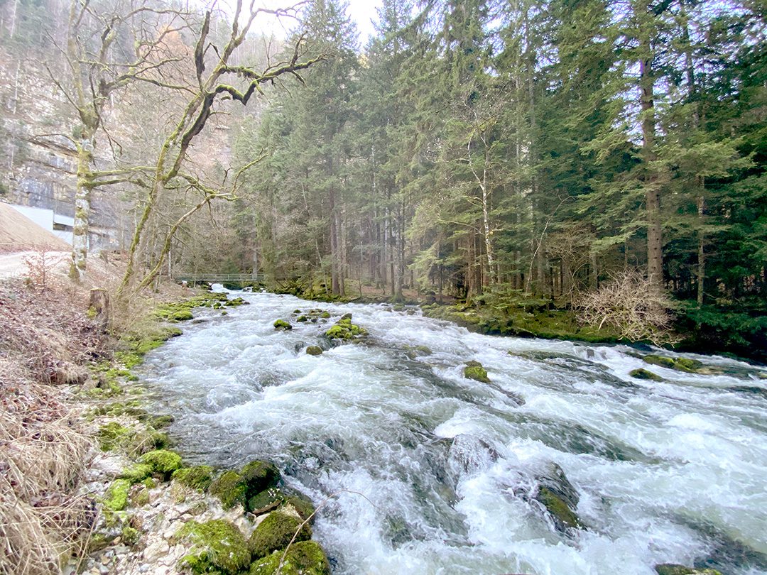 La rivière Orbe au pied du bâtiment d'accueil des Grottes de Vallorbe